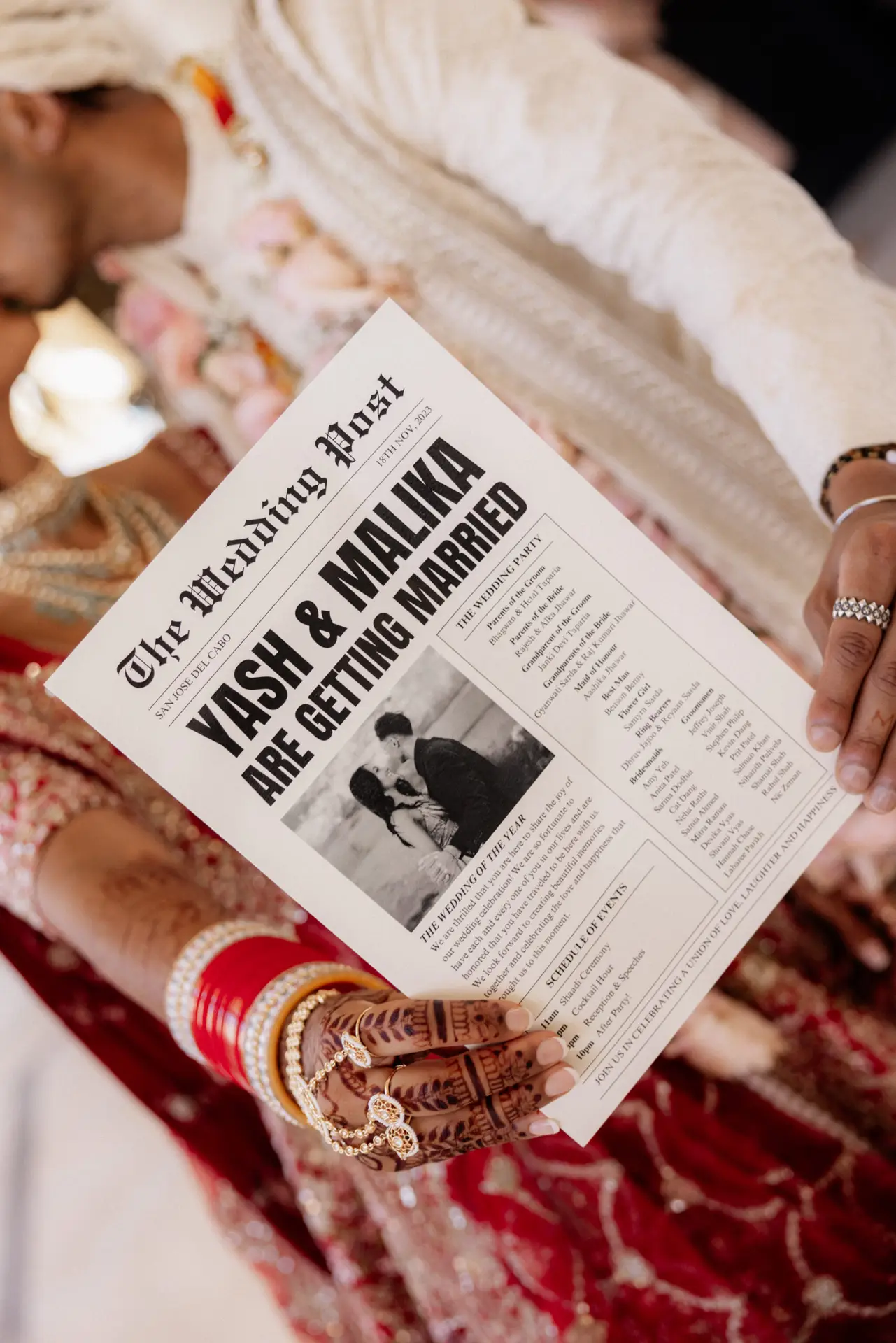 Wedding announcement featuring Yash and Malika photo taken by Ximena Zermeño Global Luxury Destination Wedding Photographer, ximenazermeno.com